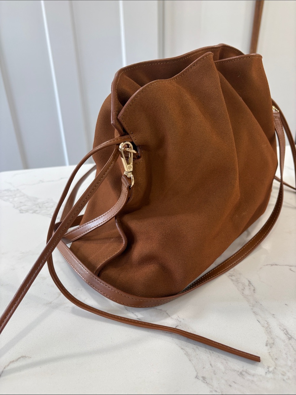 Ann Taylor Cognac Brown Suede Drawstring Shoulder Bag Purse - Picture 5 of 14
